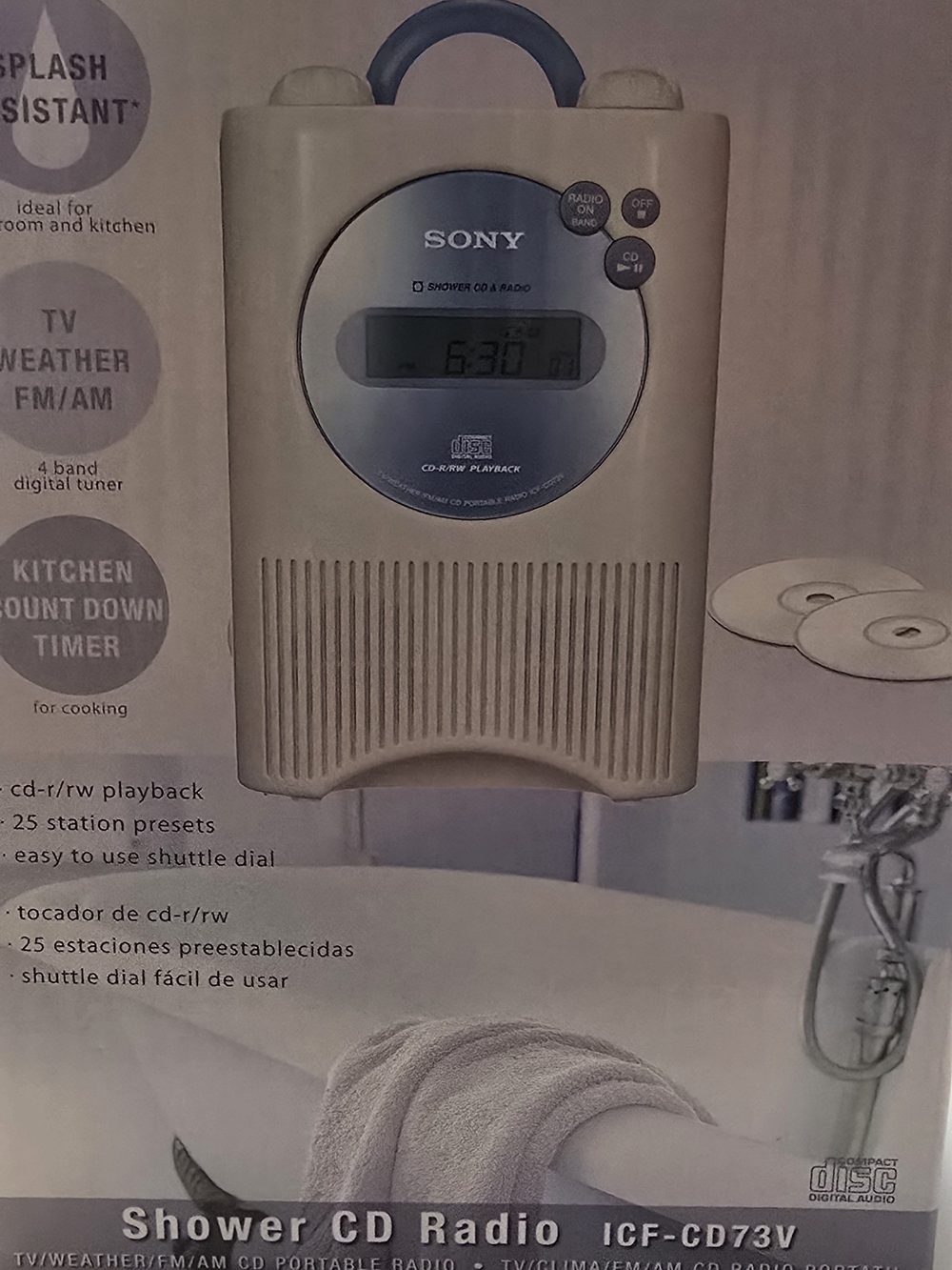 Vintage Sony White and Blue Shower/Kitchen CD Radio